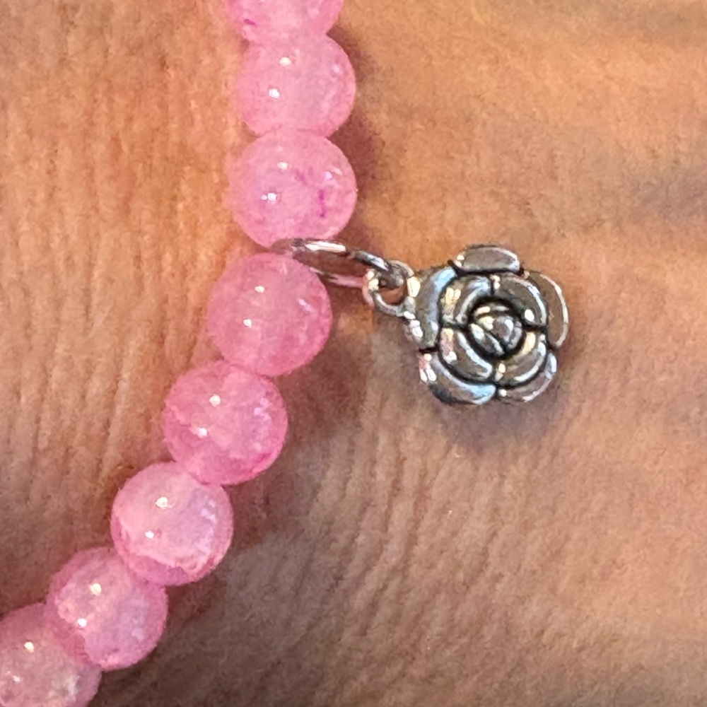 Pink Beaded Bracelet with Silver Rose Charm